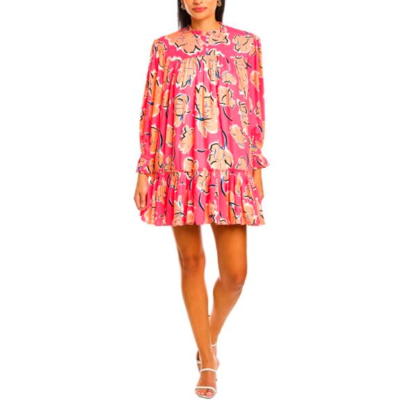 GARRIE B Ruffle Mini Dress Long Sleeve Floral Pink Orange Pockets Lined - Picture 1 of 14